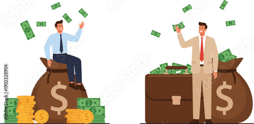 Flat vector illustration of successful businessmen with large money bags, briefcases, and falling cash banknotes representing wealth and financial achievemen