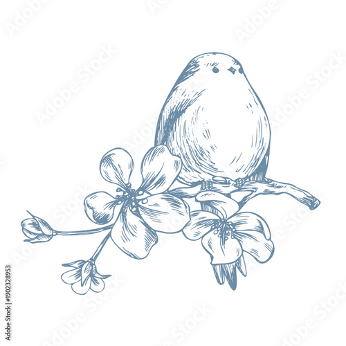 A bird perched on a blossoming apple tree branch. A titmouse in flowers. A hand-drawn, monochrome, line-art graphic illustration. Suitable for spring holidays and weddings.
