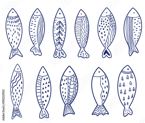 Hand Drawn Fish Vector Set, Minimal Line Art Sardines Isolated, Marine Sketch Illustration Collection for Packaging, Branding and Textile Design