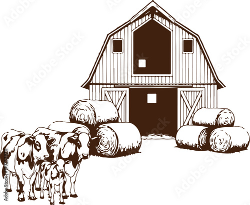 A pixelated image of a barn with cow gathered outside. Vector, illustration