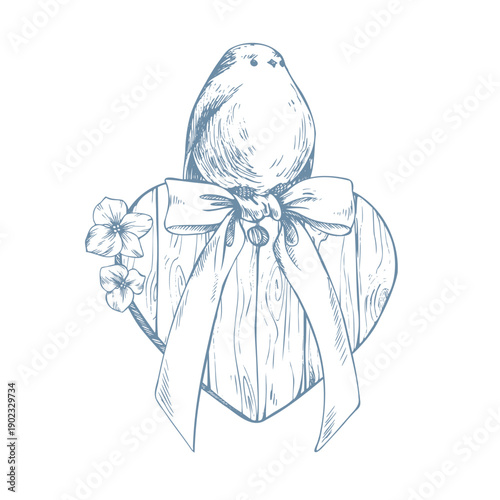 A bird perched on a wooden heart decorated with a bow and cute flowers. A hand-drawn monochrome ink illustration in line art style. An elegant composition with a titmouse for postcards.