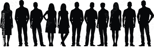 People group silhouette lineup illustration, diverse men and women standing together, business team community concept isolated on white background studio