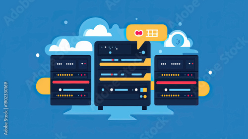 Flat minimalist vector illustration of cloud computing servers with data storage icons and cloud background technology concept for web hosting and network infrastructure