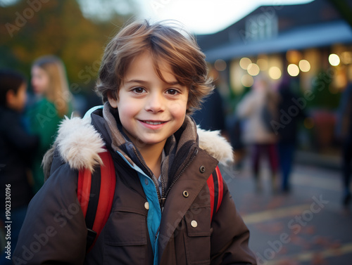 A boy In the jacket before school. A boy thinking. The student came up with something. homework. The Teenager came up with an idea.  An illustration.