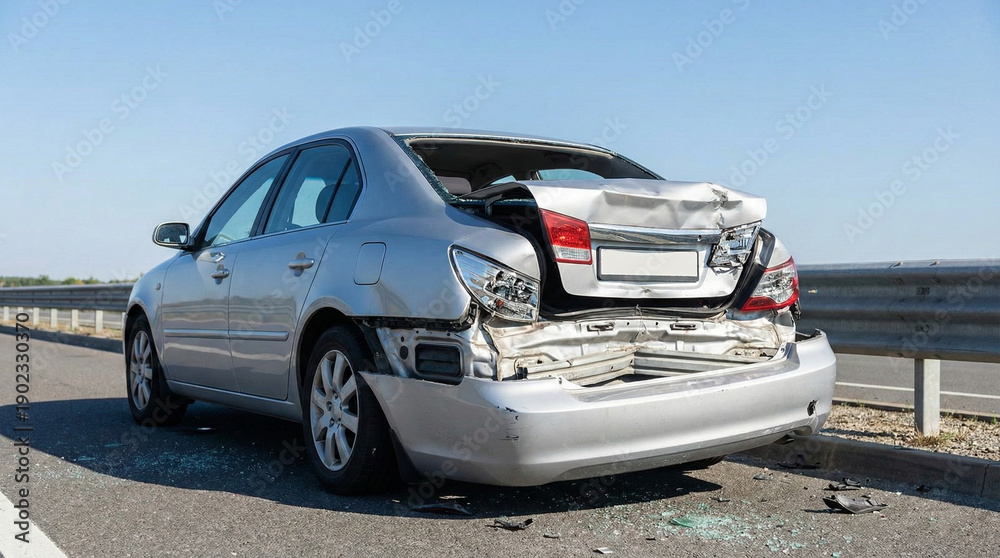 Naklejka premium Silver Sedan Car with Severe Rear-End Damage After Accident on Roadside