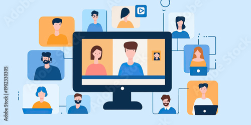 Remote teamwork online video conference call with diverse participants on computer screen connected in network flat vector illustration for virtual meeting concept