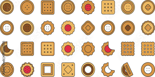 Assorted Cookie Icon Set with Chocolate Jam Cream and Biscuit Shapes Isolated on White Background