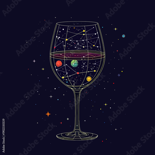 Abstract wireframe wine glass filled with starry sky and colorful planets, cosmic universe space illustration with constellations and celestial bodies in dark background vector