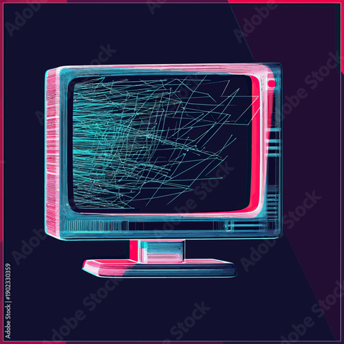 Retro computer monitor glitch abstract digital distortion 3D anaglyph effect minimalist vector design technology concept background