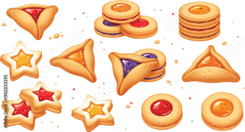 Assorted Jam Filled Cookies and Hamantaschen Biscuits with Sprinkles Isolated on White Background Vector Illustration Set