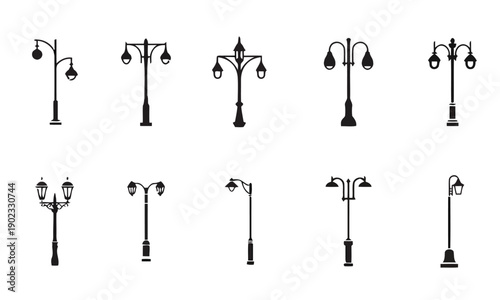 Collection of ten vintage street lamps silhouettes on white background