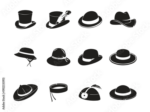 Collection of vintage hats icons silhouette vector set for different occasions