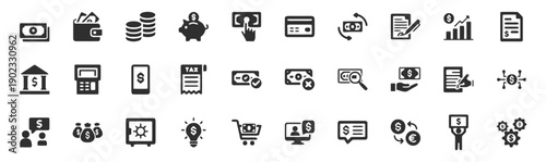 Financial and business icons related to money, banking, and investment