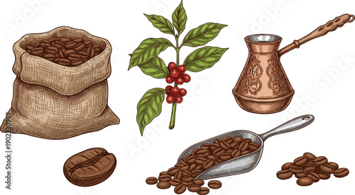 Coffee Illustration Set with Beans Plant Sack Scoop and Traditional Copper Cezve Isolated on White