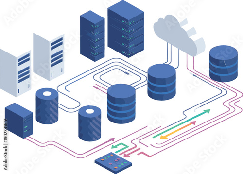 Isometric vector illustration of a cloud data center featuring server racks, database cylinders, cloud storage, and complex network data flow paths