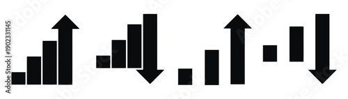Four bar chart icons showing increasing and decreasing trends with arrows