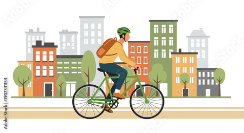 Urban Commuter Cyclist Riding Bicycle Against Cityscape Illustration