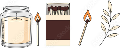 Cozy lifestyle vector set with scented candle in glass jar matchbox burning matches and decorative leaf branch isolated.