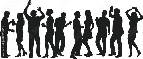 Silhouette of people drinking and dancing at nightlife party, group celebration crowd with cocktails, social event concept, club scene illustration isolated on white background.