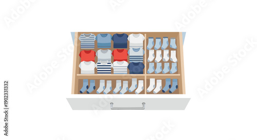Open Drawer Neatly Organized with Folded Shirts and Rows of Rolled Socks for Efficient Home Storage.
