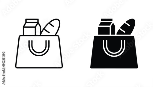 Grocery bag with milk carton and bread loaf flat icon set