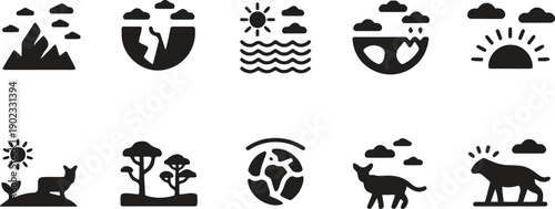 Earth environment icons showing mountains planet oceans weather and animals in natural settings