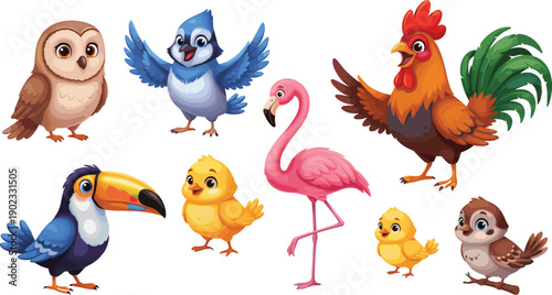 Cute Cartoon Birds Collection Including Owl Flamingo Toucan Rooster and Chicks Isolated on White Background Vector Illustration