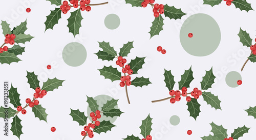 Holiday-themed holly leaves and berries scattered across a light background