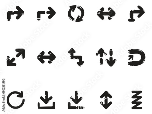 Hand drawn arrow icons with a scratched texture, black on white