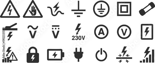 Electrical safety and power symbols, voltage and warning signs