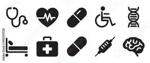Healthcare and medical icons including stethoscope heart rate pills and DNA