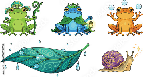 Cute fantasy frog characters set with wizard frog king frog and juggling frog along with snail and magical leaf vector illustration.