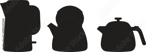 Electric Kettle and Teapot Silhouette Set with Modern Kitchen Appliance Icons Isolated on White Background
