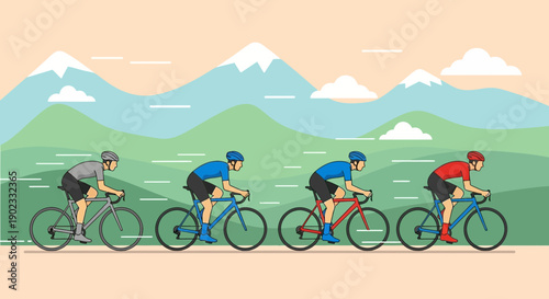 Road Cycling Race in Mountain Landscape Flat Vector Illustration