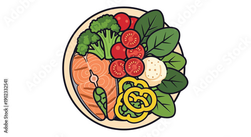 Colorful plate featuring salmon broccoli tomatoes and other fresh vegetables