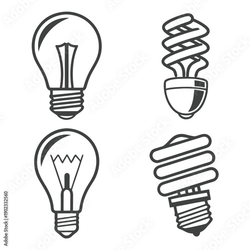 Four black and white light bulb with different incandescent bulb fluorescent bulb 1