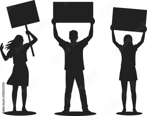 Silhouette of protesters holding blank signs, activism and demonstration concept, people protesting for rights, political rally illustration isolated on white background.