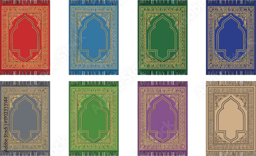 Islamic Prayer Rug Set with Ornamental Mosque Arch Design and Tassels Isolated on White Background