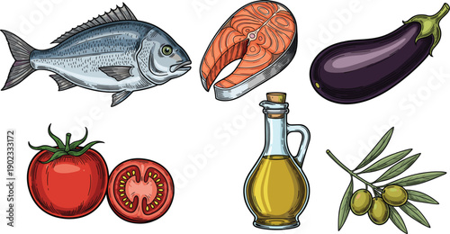 Mediterranean Food Illustration Set with Fish Salmon Eggplant Tomato Olive Oil and Olive Branch Isolated