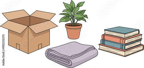 Moving and packing vector set with open cardboard box potted plant stack of books and folded blanket isolated on white.