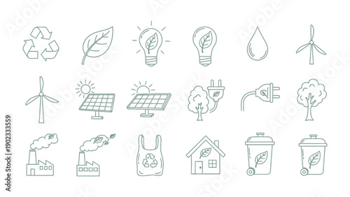 Sustainable Energy Icons: A collection of meticulously crafted line icons representing sustainable practices and eco-friendly technologies, including recycling, renewable energy sources.