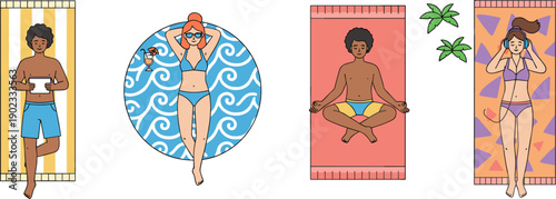 People relaxing on the beach vector illustration set with characters sunbathing, doing yoga, and listening to music on towels.