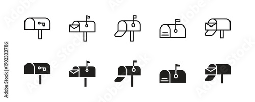 Mailbox icon set featuring outline and solid styles for post and delivery concepts