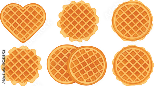 Set of Belgian waffles in various shapes heart round and square top view vector illustration isolated on white background.