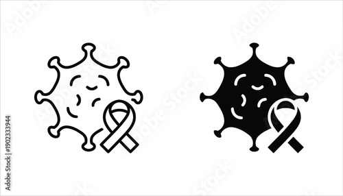 Microscopic virus organism icons with awareness ribbon for disease prevention