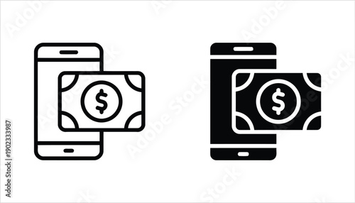 Mobile payment and cash transfer icons featuring smartphone and dollar bill