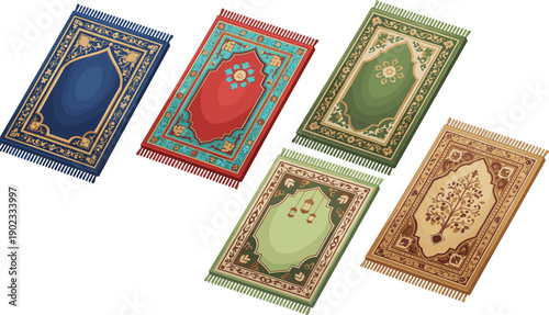 Set of Islamic Prayer Rugs with Ornamental Patterns and Tassels Isolated on White Background Vector Illustration Collection