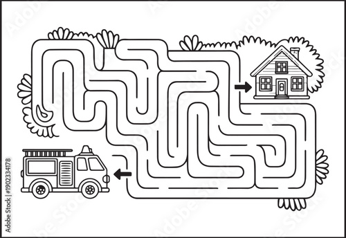 Maze puzzle game coloring page for kids, Simple and cute shape with funny activity black line art vector illustration