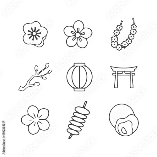 Outline icons of Japanese cultural elements like flowers, lantern, torii gate, and food