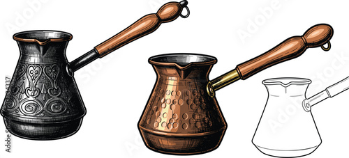 Traditional Turkish Coffee Pot Set with Copper and Metal Cezve Illustration Isolated on White Background